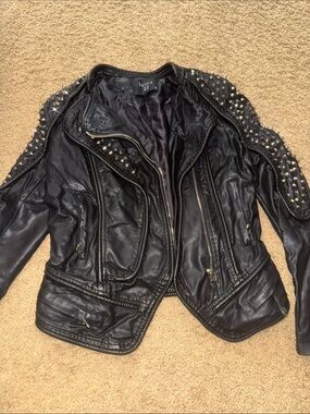 Black Studded Leather Moto Jacket - Women's